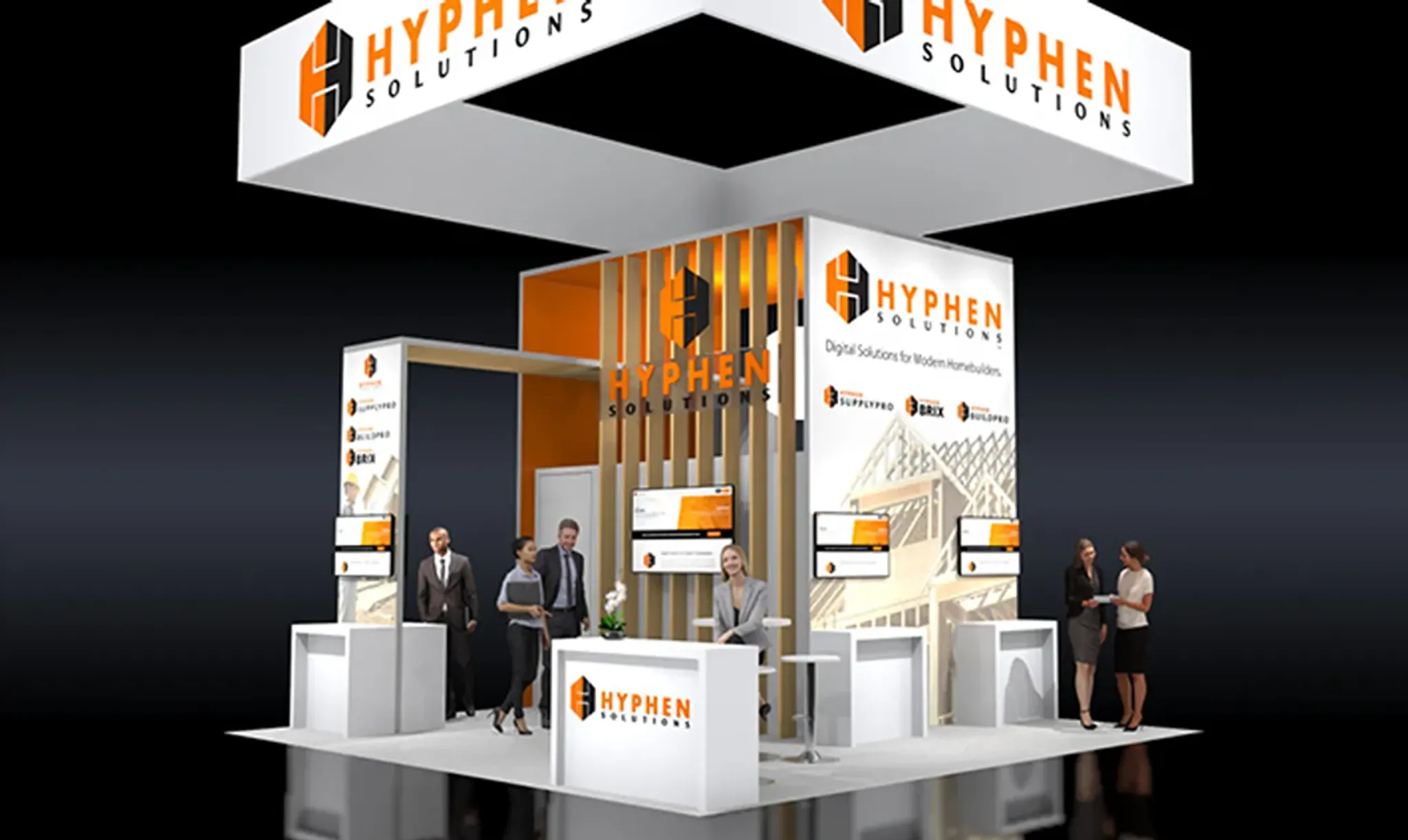 20x20 booth with hanging sign and wooden structure
